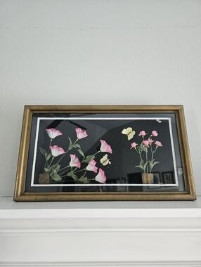 Vintage Silk Floral And Butterfly Framed Shadowbox Display Case Art